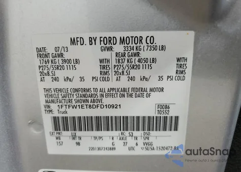 2013 Ford F150 Supercrew из США, поврежденный, VIN 1FTFW1ET8DFD10921